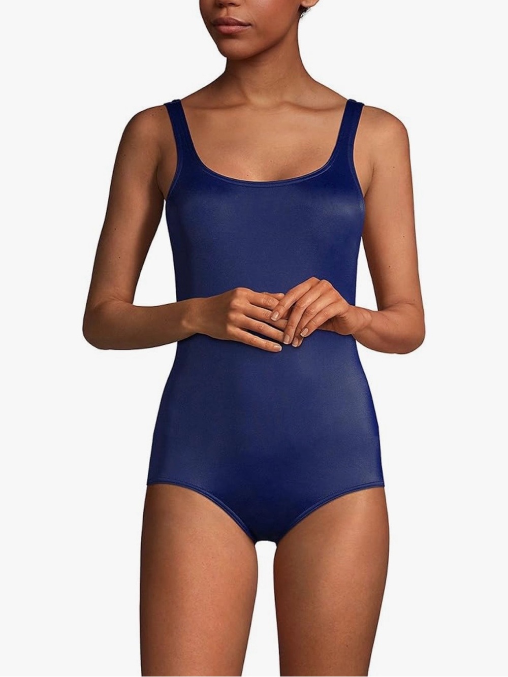 Lands' End Chlorine Resistant Tugless Tank Soft Cup One Piece Swimsuit 8 LONG